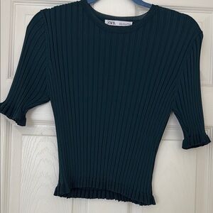 Zara Blue Ribbed Ruffled Blouse